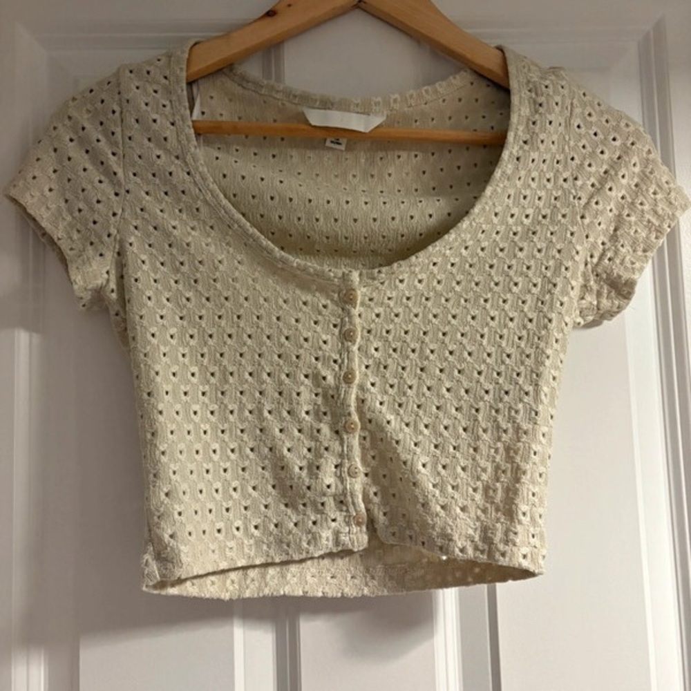 Cream Button-Up Eyelet Crop Top
